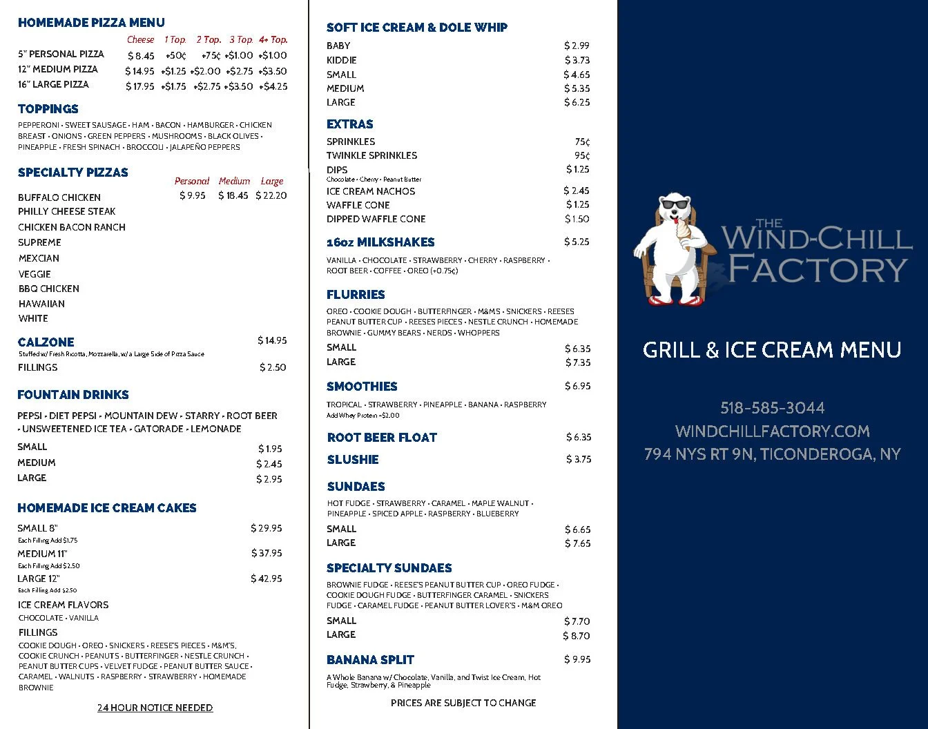 Ticonderoga Menu — Wind Chill Factory